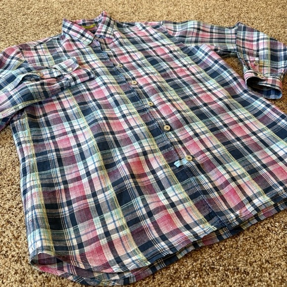 Tommy Bahama Mens Medium 100% Linen Plaid Button Shirt Pink Blue Teal - Picture 7 of 14